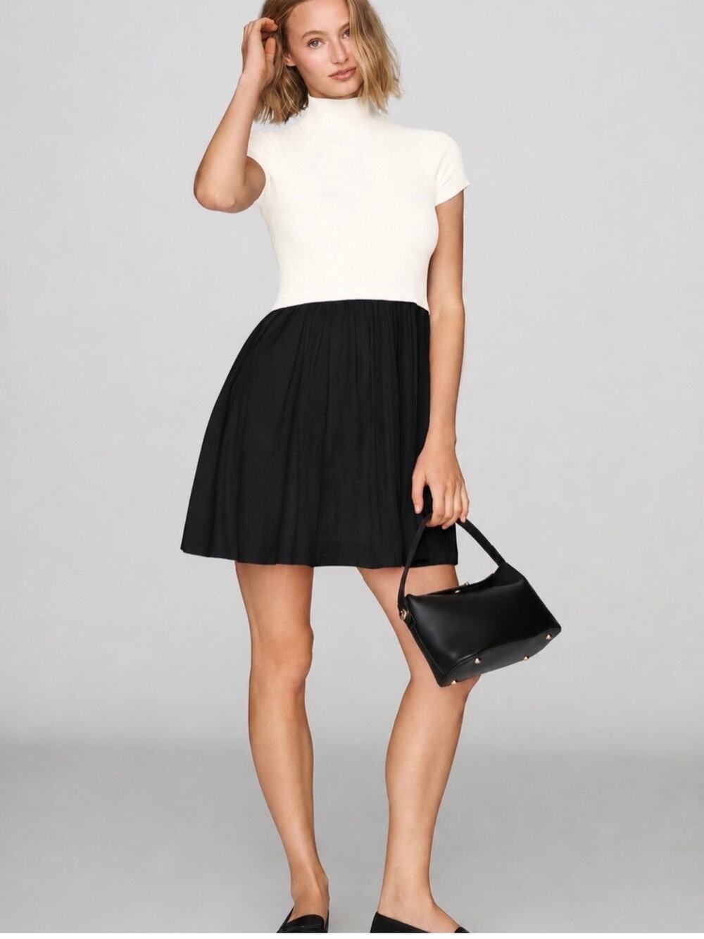 Anthropologie Thea Twofer Sweater Mini Dress Short Sleeve Ribbed White Black L